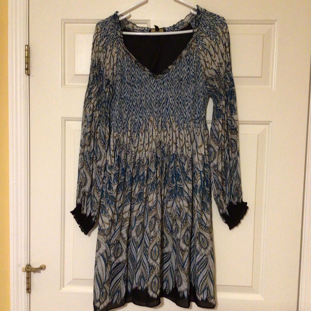 Long Sleeve Elasticized Bodice V-Neck Blue Black Beige Feather Print Dress
